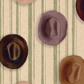 Brown leather Cowboy hats hanging on a green striped wall