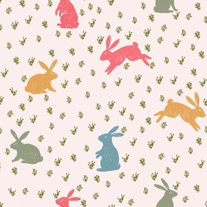 Easter Bunnies large Hand Drawn Red Blue Green Yellow on Cream White 
