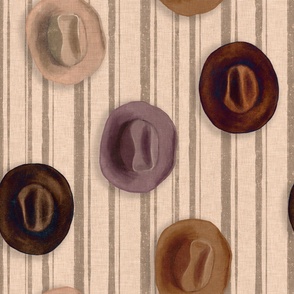 Brown leather Cowboy hats hanging on a brown striped wall