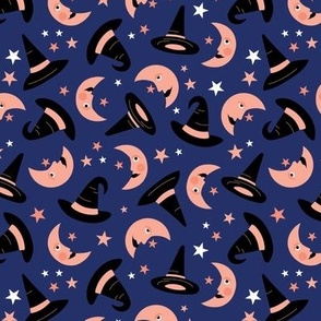 New moon witches and stars halloween theme on navy blue 