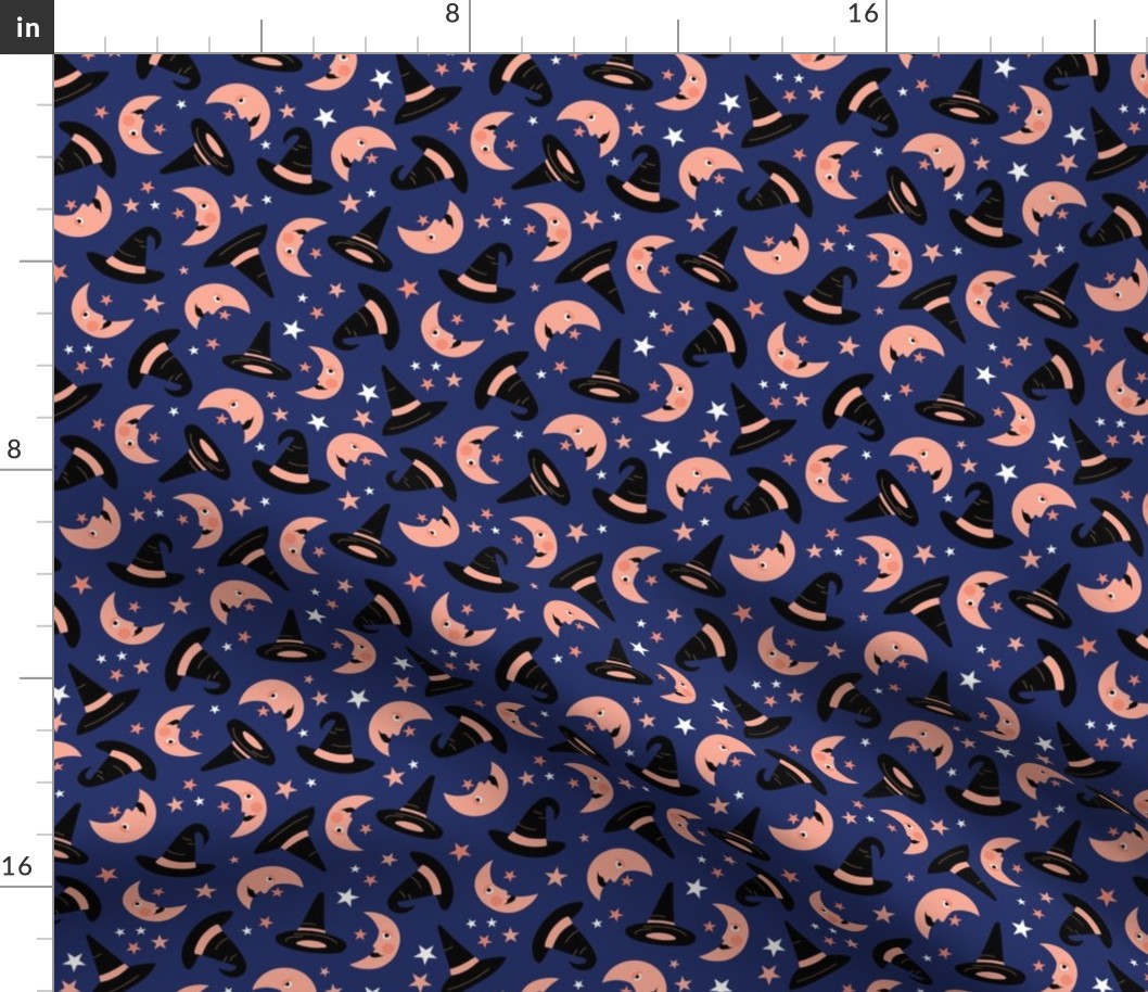 New moon witches and stars halloween theme on navy blue 