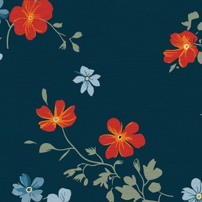 Anne's Ditsy Floral Meadow on dark teal blue linen backround - large scale