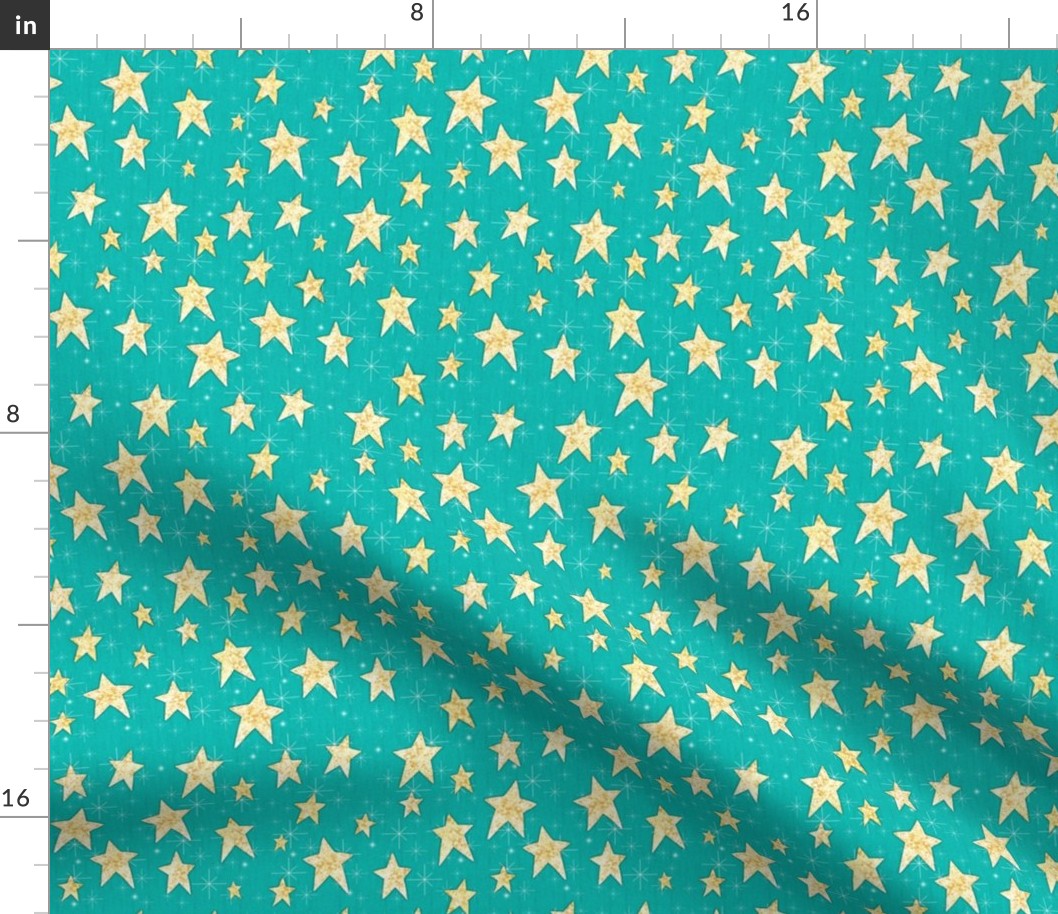 Cozy Stars and Starbursts, Pale Yellow on Teal Blue Green