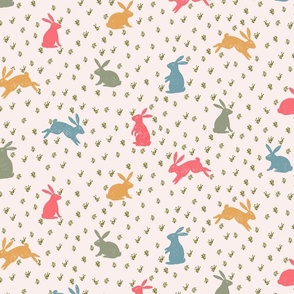 Easter Bunnies Small  Hand Drawn Red Blue Green Yellow on Cream White 