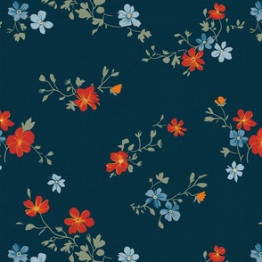 Anne's Ditsy Floral Meadow on dark teal blue linen backround - medium scale