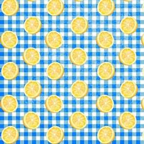 Watercolor Lemons on Blue Gingham Check (Large Scale)