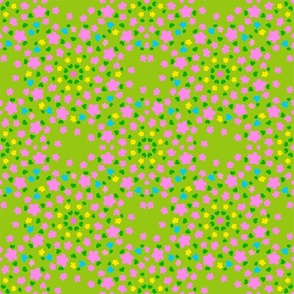 Pixie Flowers Multi-Color Mini Lemon Yellow, Turquoise Blue And Bubblegum Pink Meadow Blooms With Green Leaves On A Grass Green Background Summer Country Ditzy Hand-Illustrated Retro Modern Floral Repeat Pattern  