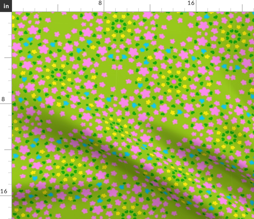 Pixie Flowers Multi-Color Mini Lemon Yellow, Turquoise Blue And Bubblegum Pink Meadow Blooms With Green Leaves On A Grass Green Background Summer Country Ditzy Hand-Illustrated Retro Modern Floral Repeat Pattern  