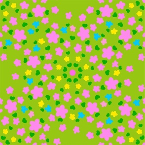 Pixie Flowers Multi-Color Lemon Yellow, Turquoise Blue And Bubblegum Pink Meadow Blooms With Green Leaves On A Grass Green Background Summer Country Ditzy Hand-Illustrated Retro Modern Floral Repeat Pattern  