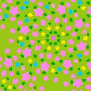 Pixie Flowers Multi-Color Big Lemon Yellow, Turquoise Blue And Bubblegum Pink Meadow Blooms With Green Leaves On A Grass Green Background Summer Country Ditzy Hand-Illustrated Retro Modern Floral Repeat Pattern  