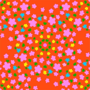 Pixie Flowers Multi-Color Yellow, Turquoise Blue And Bubblegum Pink Meadow Blooms With Green Leaves On A Bright Cheerful Red Background Ditzy Hand-Illustrated Retro Modern Repeat Pattern