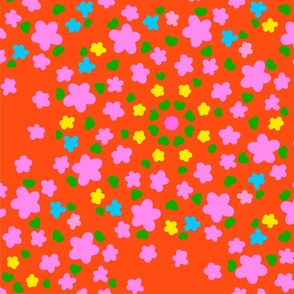 Pixie Flowers Multi-Color Big Yellow, Turquoise Blue And Bubblegum Pink Meadow Blooms With Green Leaves On A Bright Cheerful Red Background Ditzy Hand-Illustrated Retro Modern Repeat Pattern