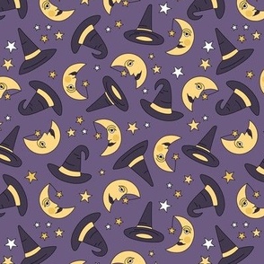 New moon witches and stars halloween freehand theme yellow purple 