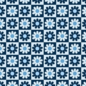 Checkered board with flowers - Blue monochrome