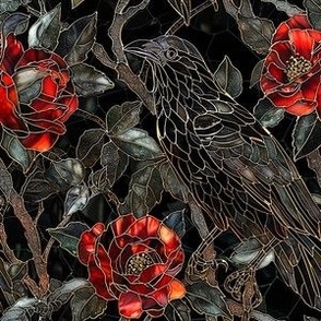 6 Inch Small Rescale of #16651279 ~ Stained Glass Silvered Black Ravens Crows with Red Roses