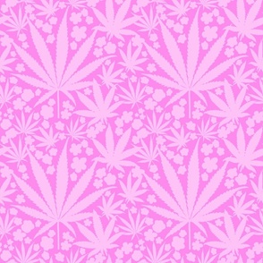Heart California Mini Retro Tropical Hot Pink Cannabis Leaf And Pastel Flowers Mid-Century Modern Ditzy Hippy 90’s Beach Floral Botanical Surf Skate Street Style Repeat Pattern