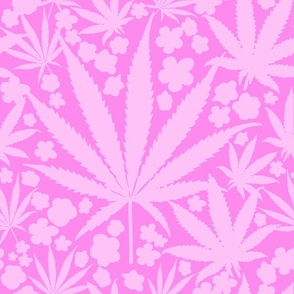 Heart California Retro Tropical Hot Pink Cannabis Leaf And Pastel Flowers Mid-Century Modern Ditzy Hippy 90’s Beach Floral Botanical Surf Skate Street Style Repeat Pattern