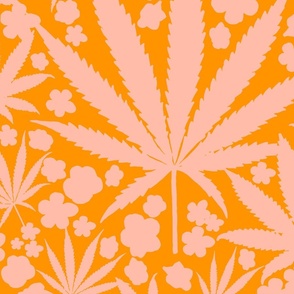 Heart California Big Retro Tropical Peach Orange Cannabis Leaf And Flowers Modern Ditzy Hippy 90’s Beach Floral Botanical Tangerine Surf Skate Street Style Trending Color Repeat Pattern