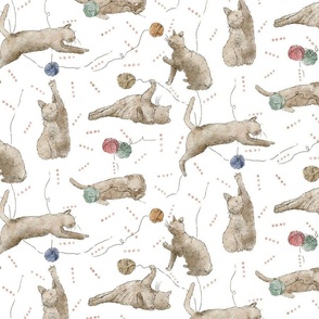 Cats Playing with Wool Yarn | Kittens | Watercolor | Medium