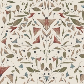 Garden Biome with Hummingbirds Bees and Moths in Neutral Colors on Beige