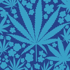 Heart California Big Retro Tropical Sapphire And Baby Blue Cannabis Leaf And Flowers Modern Ditzy Hippy 90’s Beach Floral Botanical Tangerine Surf Skate Street Style Summer Repeat Pattern