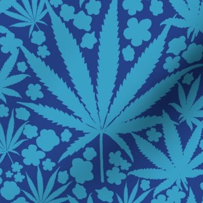 Heart California Mini Retro Tropical Sapphire And Baby Blue Cannabis Leaf And Flowers Modern Ditzy Hippy 90’s Beach Floral Botanical Tangerine Surf Skate Street Style Summer Repeat Pattern