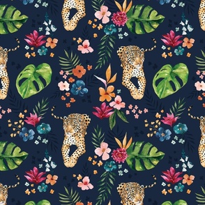 Tropical Jungle Jaguar with Jungle Floral on Navy Blue 12 inch