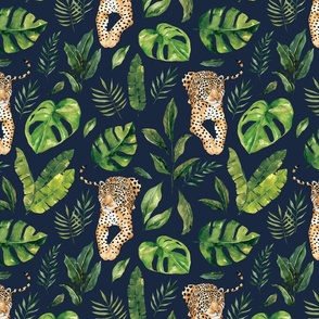 Tropical Jungle Jaguar with Jungle Foliage on Navy Blue 12 inch