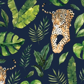 Tropical Jungle Jaguar with Jungle Foliage on Navy Blue 24 inch