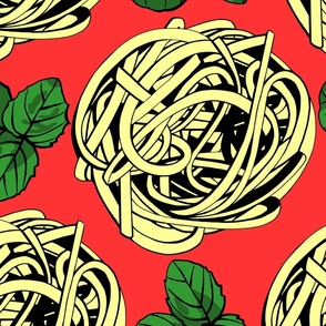 Pop art pasta with tomato sauce, basil large