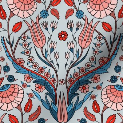 Turkish Floral Damask in pink, coral, blue, gray, 12" 