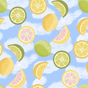 (L) Citrus Sky Lemons, Oranges and Grapefruits Pastel Citrus Fruits  with Clouds
