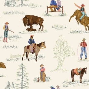 Cheyenne in Cream; Cowboy Toile, Cowgirl, Western, Bucking Horse, Wyoming