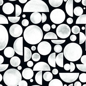 Medium Scale // Hand-painted White on Black Geometric Circles and Half-Circle  Shapes