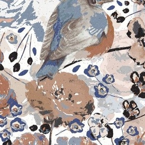 Sweet Watercolor Painted Bluebird And Flowers In Blue Gray Rust And Browns Medium Scale