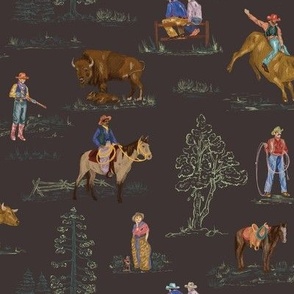 Cheyenne in Woodbark; Western Toile, Cowboy, Cowgirl, Bull Riding, Rodeo