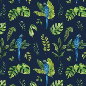 Tropical Jungle Macaw with Jungle Foliage on Navy Blue 12 inch