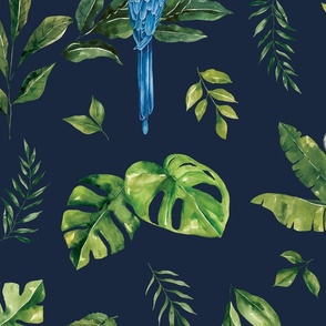 Tropical Jungle Macaw with Jungle Foliage on Navy Blue 24 inch