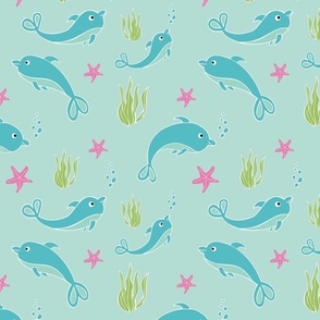 Turquoise dolphins with sky blue
