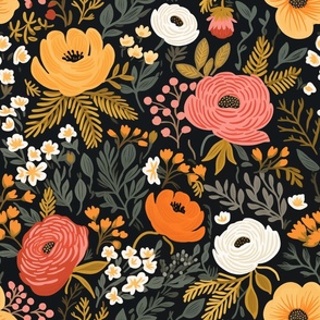 Hillary - Pink, Orange, and Yellow Floral Pattern with a Black Background