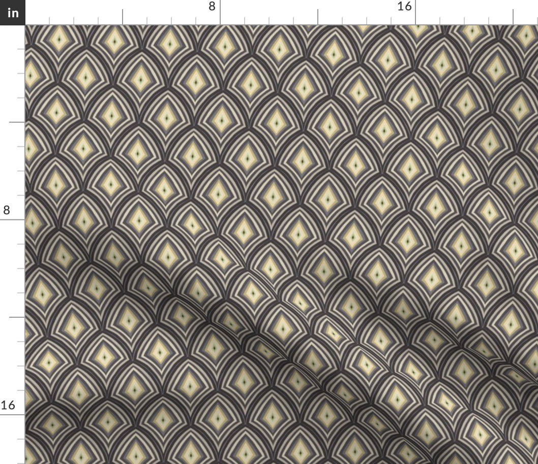 small mid century modern art deco styled striped diamond in grey and creamy yellows