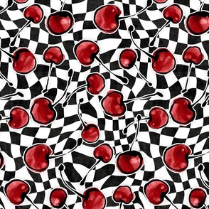 Red Watercolor Cherries on Black and White Wonky Surreal Checkers (Medium Scale)