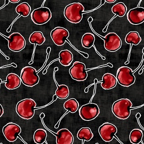 Sweet Red Watercolor Cherries on Faux Black Velvet (Medium Scale)