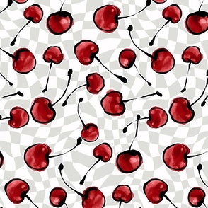 Red Watercolor Cherries on Greige and White Wonky Surreal Checkers (Medium Scale)