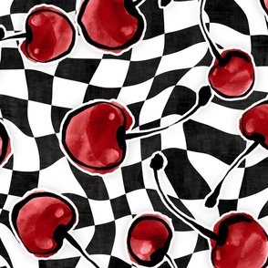 Red Watercolor Cherries on Black and White Wonky Surreal Checkers (Large Scale)