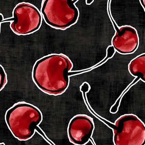 Red Watercolor Cherries on Faux Black Velvet (Large Scale)