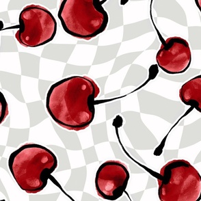 Red Watercolor Cherries on Greige and White Wonky Surreal Checkers (Large Scale)