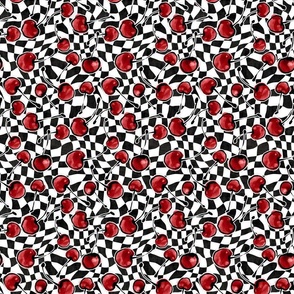 Red Watercolor Cherries on Black and White Wonky Surreal Checkers (Small Scale)