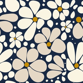 Fun Wonky Flowers - Neutral On Dark Blue.