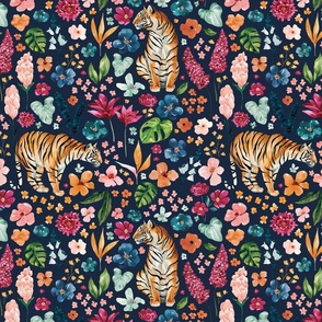 Tropical Jungle Tiger Floral on Navy Blue 12 inch